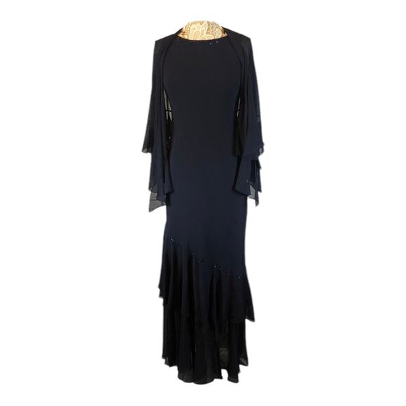 Davids bridal formal sleevless long navy beaded tiered dress with shawl size 4 - Picture 7 of 12